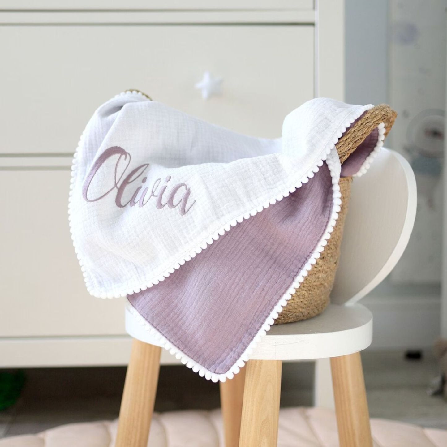 Personalized Embroidered Swaddle Muslin Pom Pom Blanket | CWBaby46