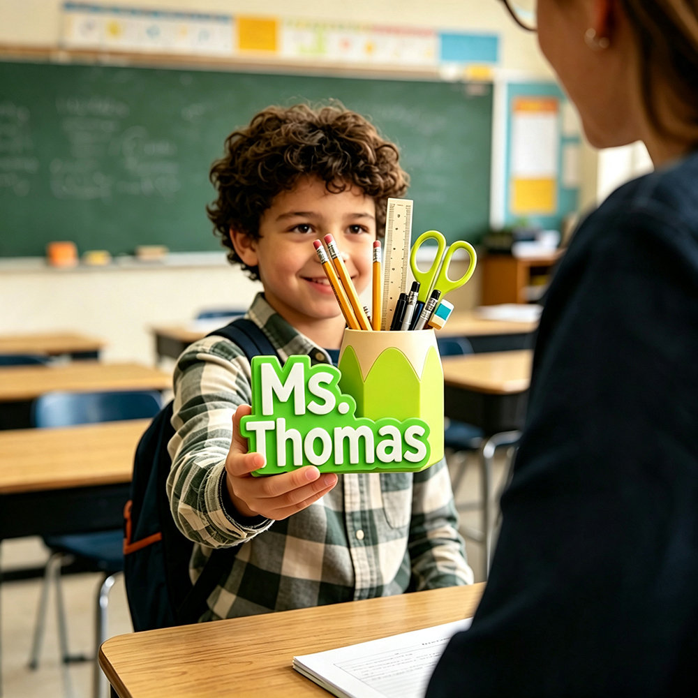 Personalized 3D Printed Teacher Pen Cup and Name Stand | CWTeach14