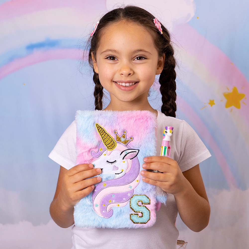 Personalised Chenille Patch Unicorn Fluffy Diary and Pen Set | CWToy196
