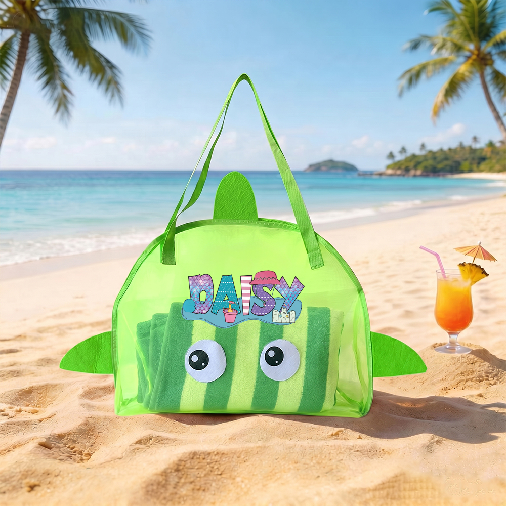 Personalized Adorable Shark Seashell Zipper Mesh Beach Bag | CWBeach262