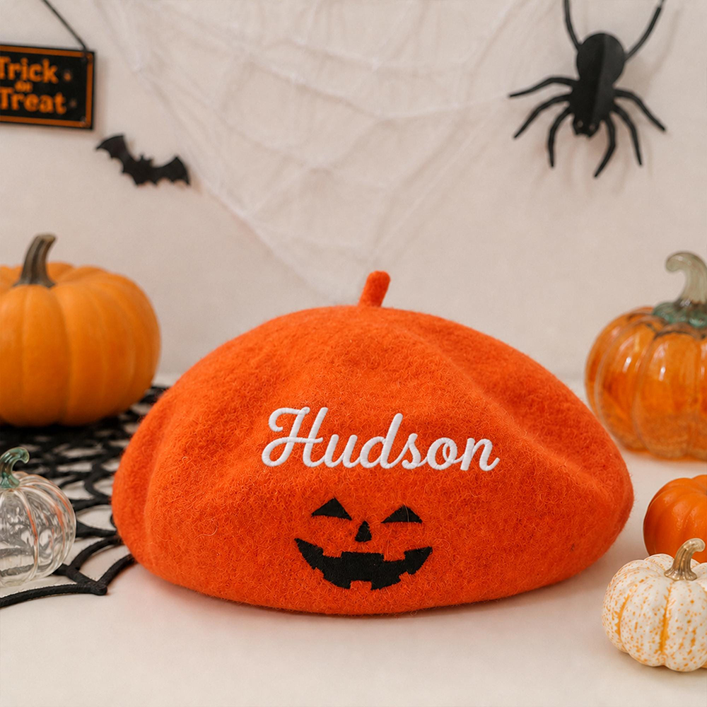 Personalized Embroidery Adjustable Halloween Pumpkin Beret | CWHalloween115