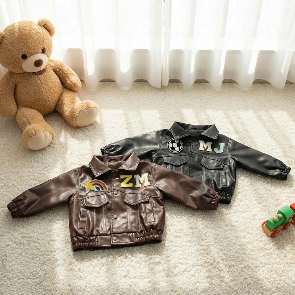 Personalized Chenille Patch Baby Vegan Leather Jacket | CWBaby518