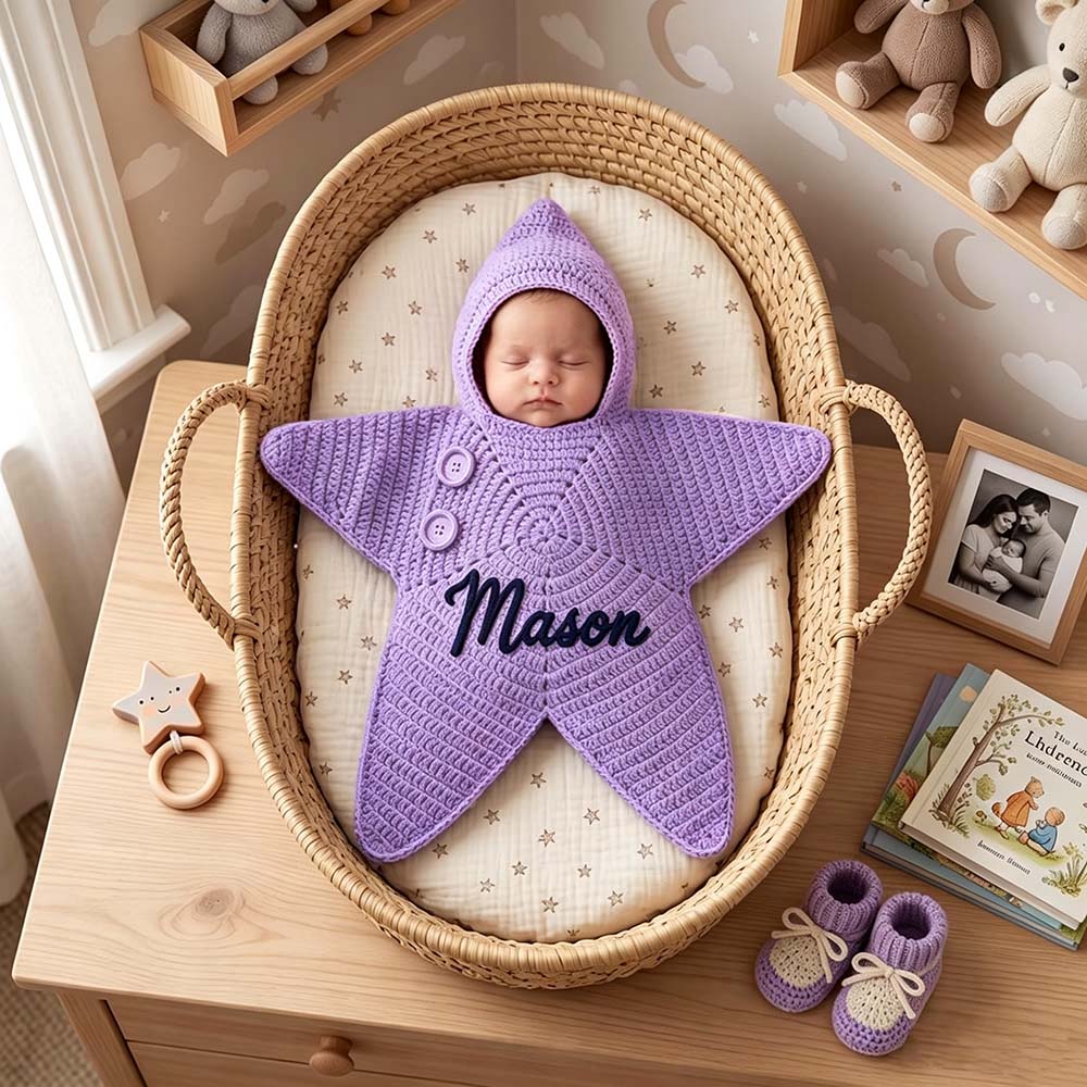 Personalized Hand Embroidered Hooded Crochet Star Baby Cocoon | CWBaby524