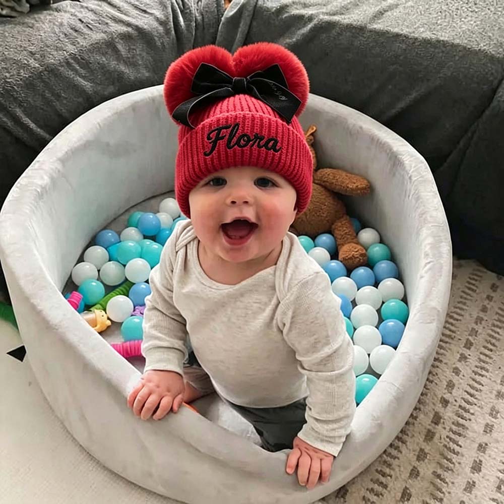 Personalized Embroidered Baby Pom Pom Hat with Bow | HSKid85