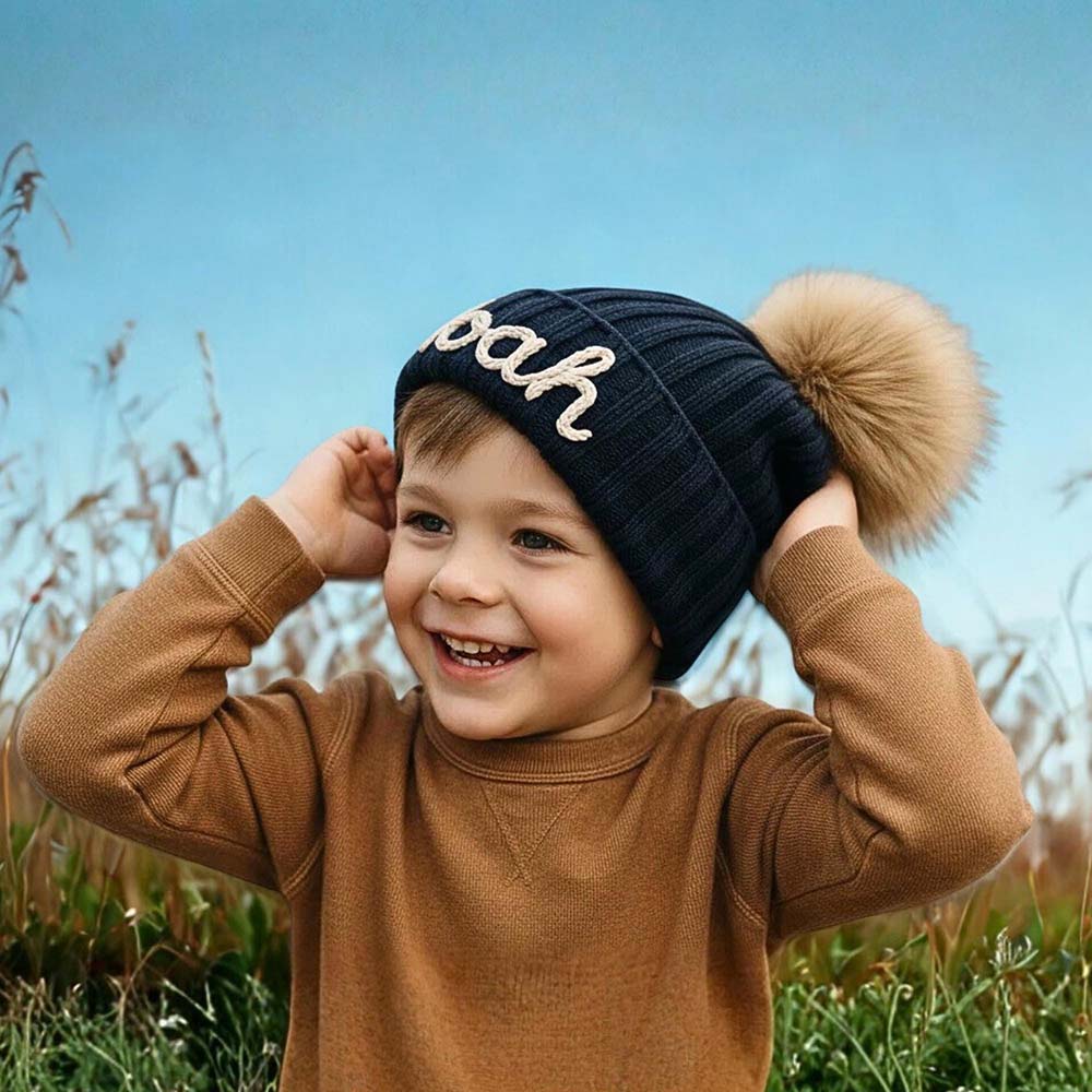 Personalized Hand Embroidered Kids Pom Beanie Winterhat | HSKid87