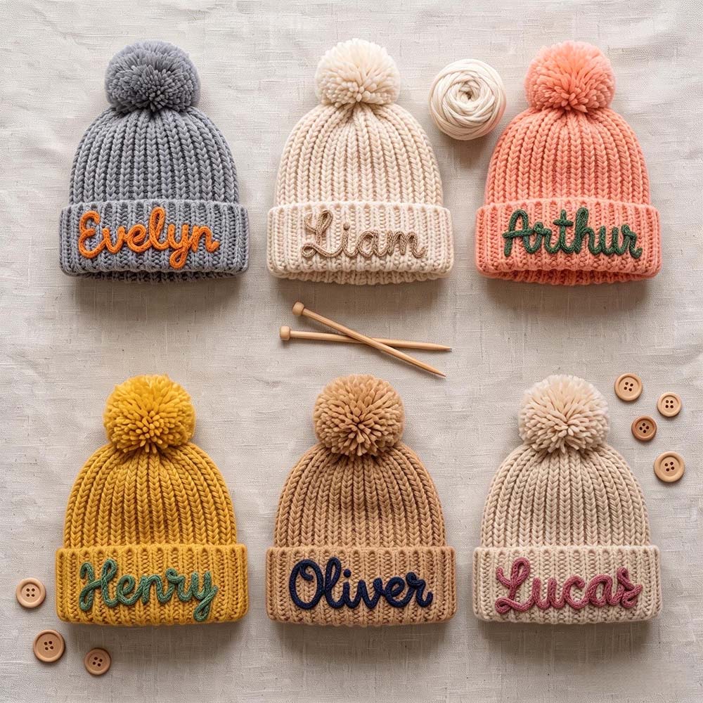 Personalized Hand Embroidery Pom Pom Beanie| HSKid44