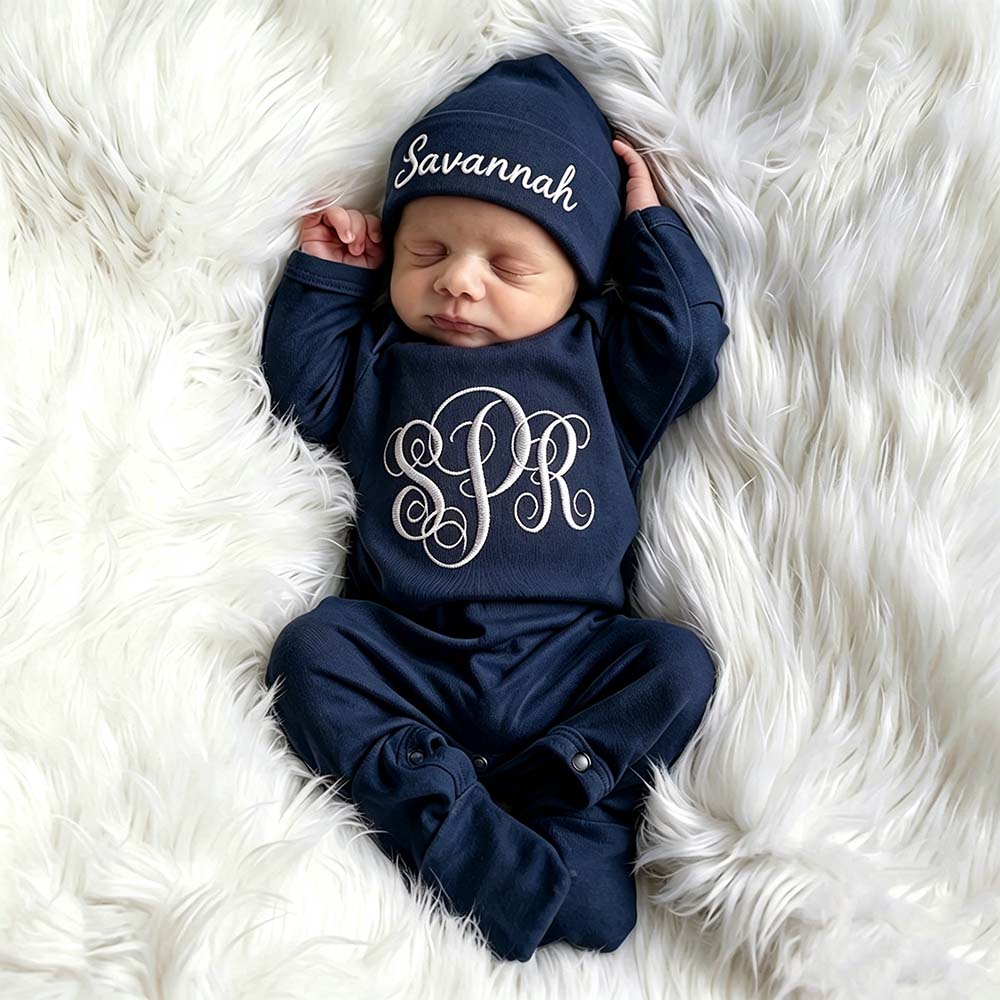 Personalized Embroidery Baby Monogram Romper and Hat Set | CWBaby525