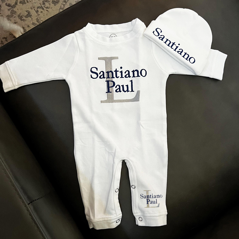 Personalized Embroidery Monograms Baby Coming Home Romper and Hat Set | CWBaby535