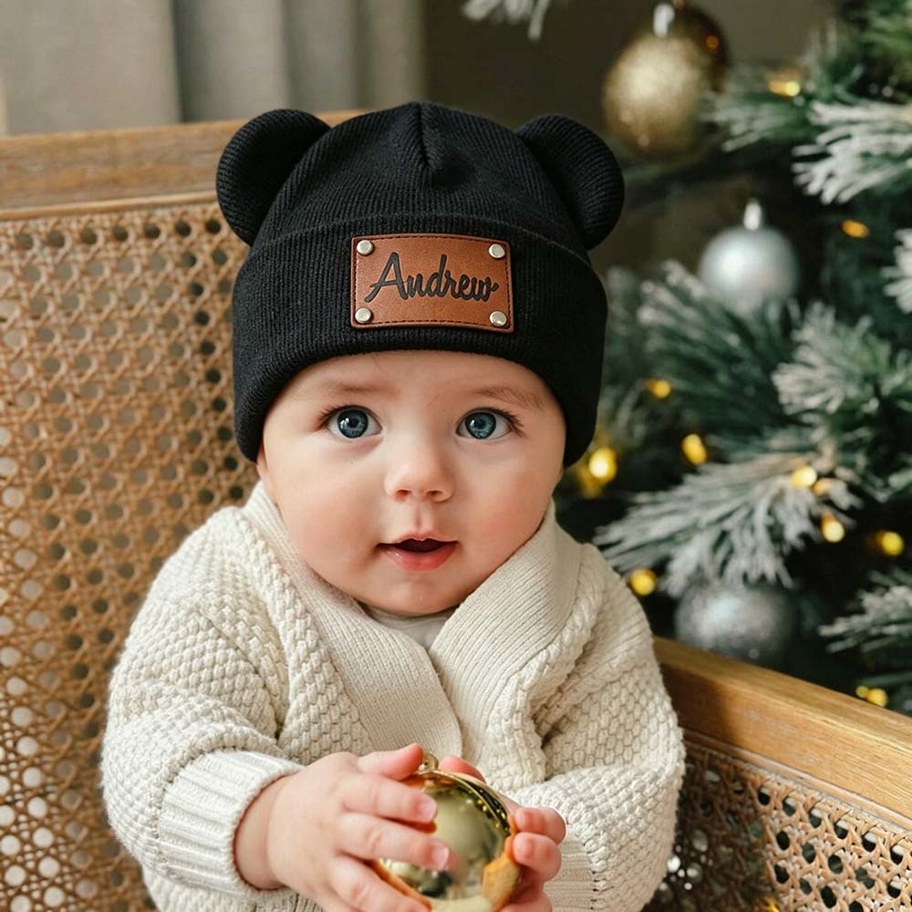 Personalized Leather Patch Kid Beanie Hat With Bear Ears | HSKid92