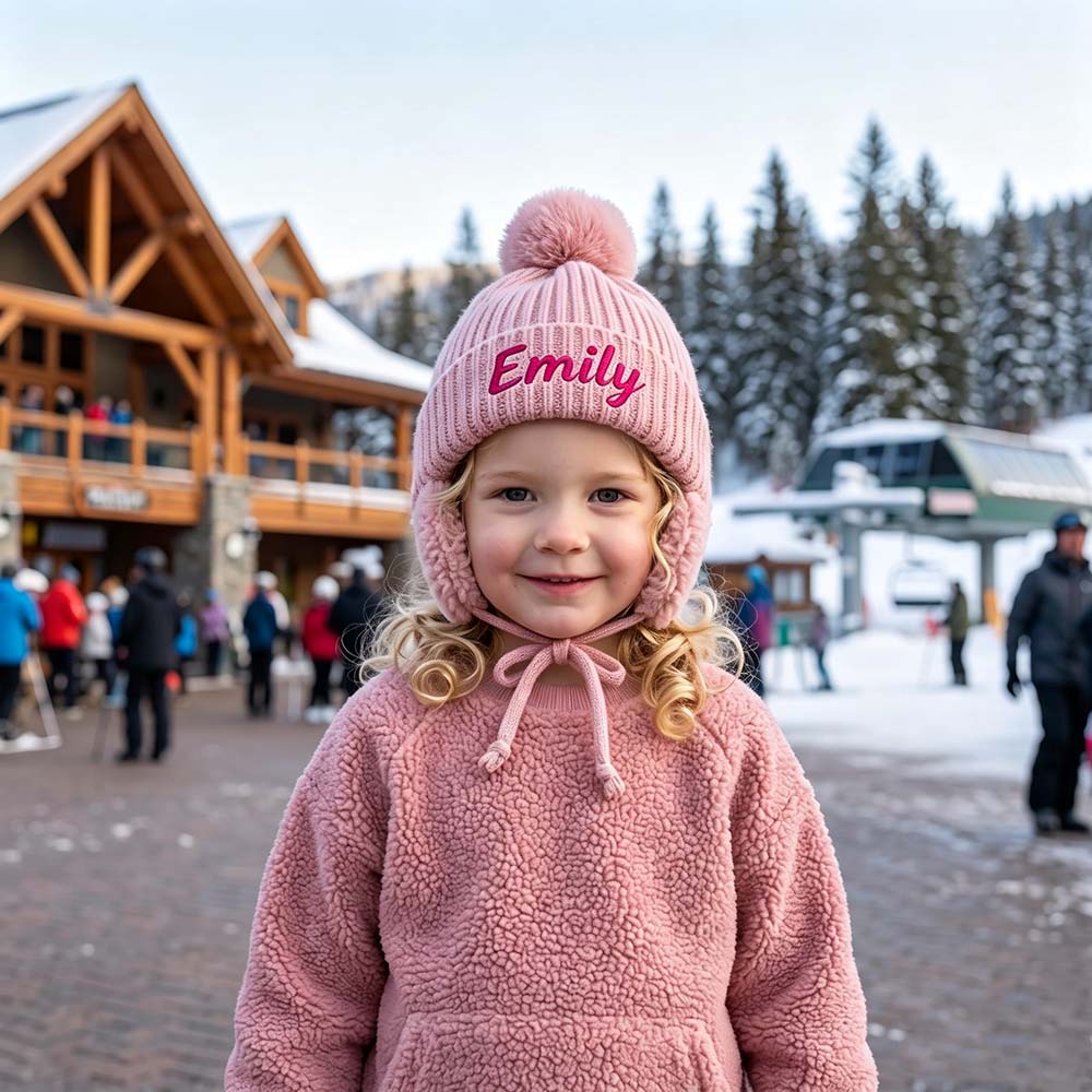Personalized Embroidered Kids Winter Hat With Ear Flaps & Pom Pom | HSKid93