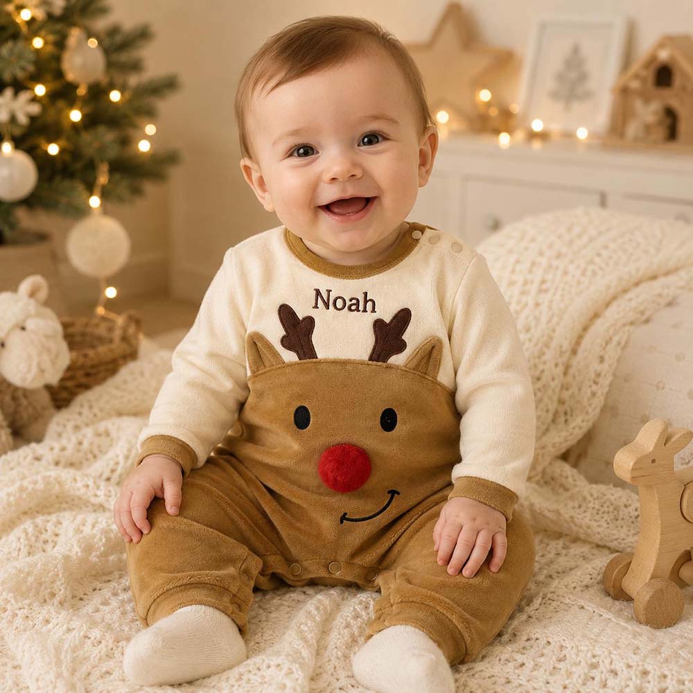 Personalized Embroidered Baby Christmas Reindeer Romper | MCGift386