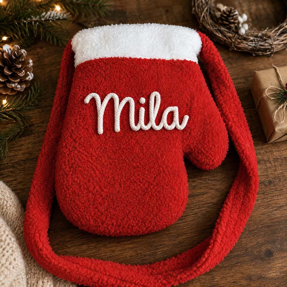 Personalized Hand Embroidered Kids Christmas Mitten Bag | MCGift387
