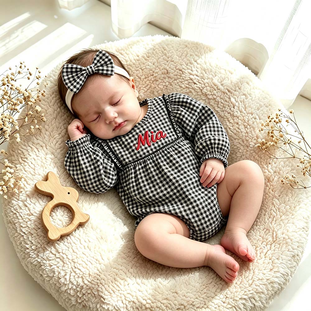 Personalized Embroidered Baby Girl Bubble Gingham Romper with Matching Bow | CWBaby533