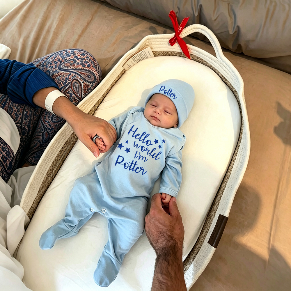 Personalized Baby Hello World Romper & Hat Set | CWBaby536