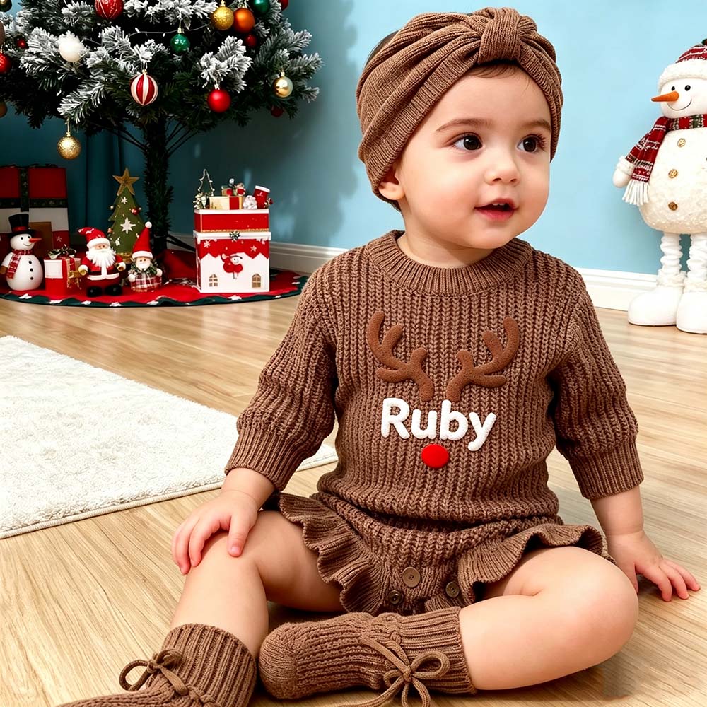 Personalized Embroidered Reindeer Baby Romper Set With Bow Headband & Socks | MCGift388