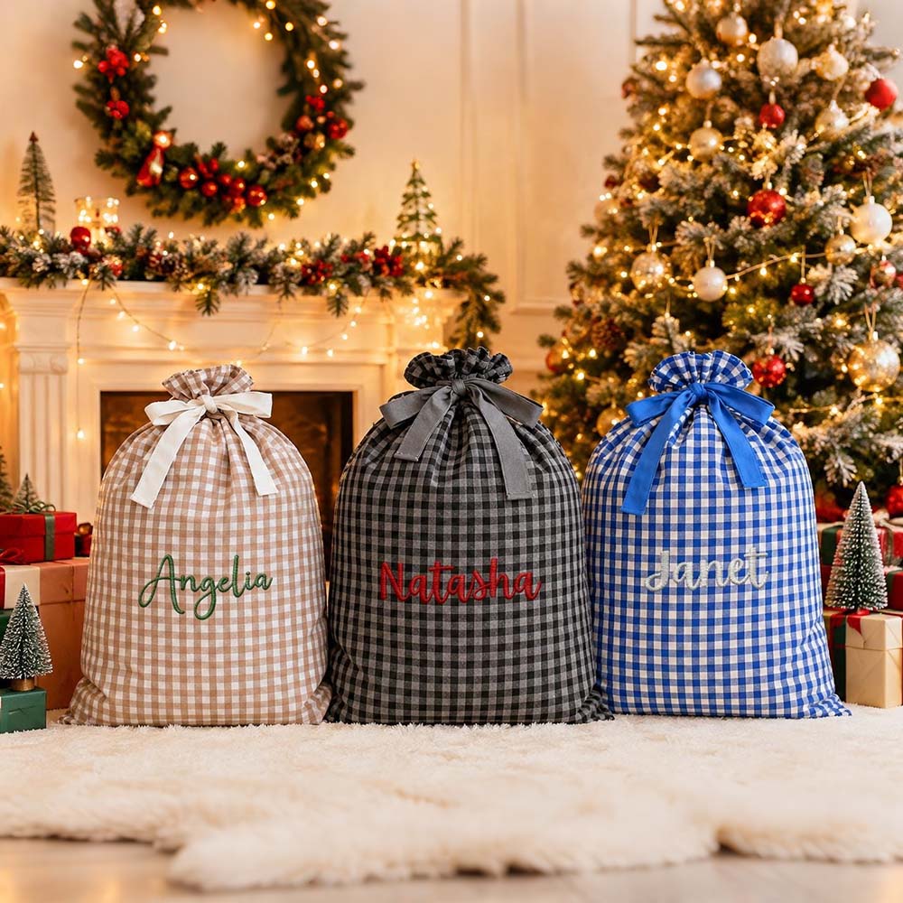 Personalized Embroidered Gingham Santa Gift Bag | MCGift391
