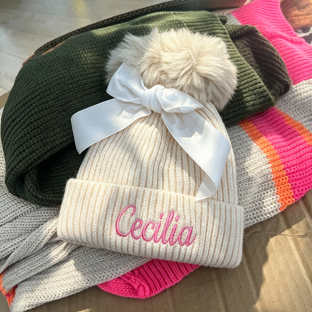 Personalized Embroidered Baby Pom Pom Hat with Bow | HSKid85