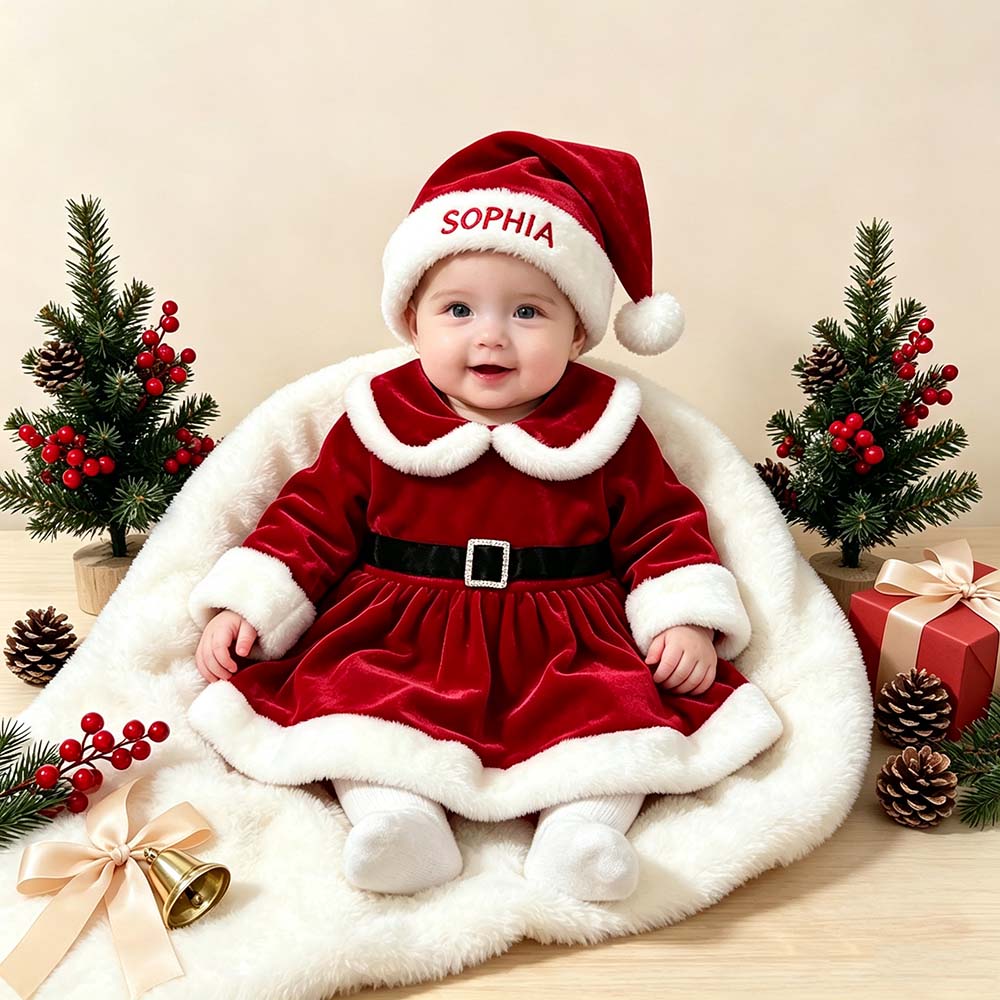 Personalized Embroidered Velvet Baby Santa Claus Dress Outfit with Santa Hat | MCGift406