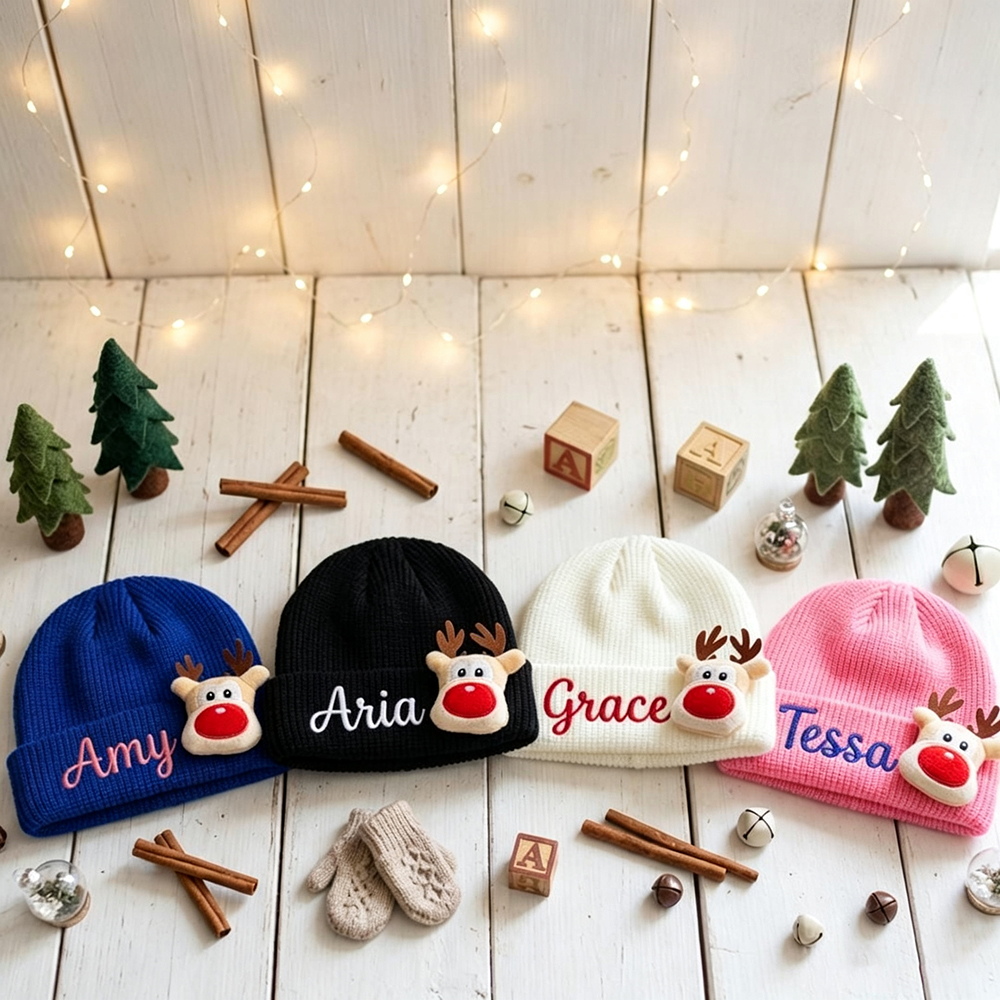Personalized Embroided Christmas Reindeer Color Beanie | HSKid51