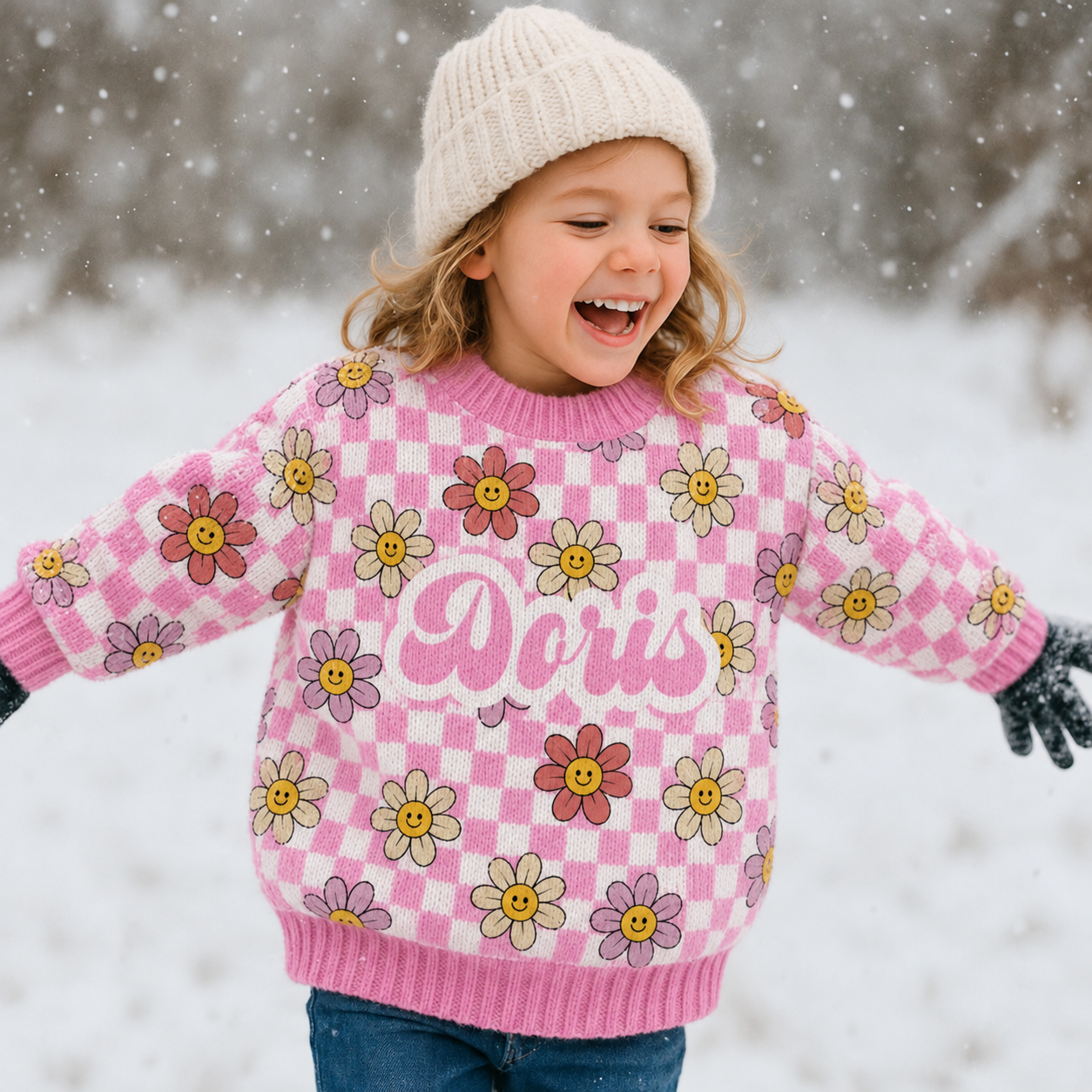 Personalized Lovely Kids Smile Daisy Knit Sweater | CWSweater25