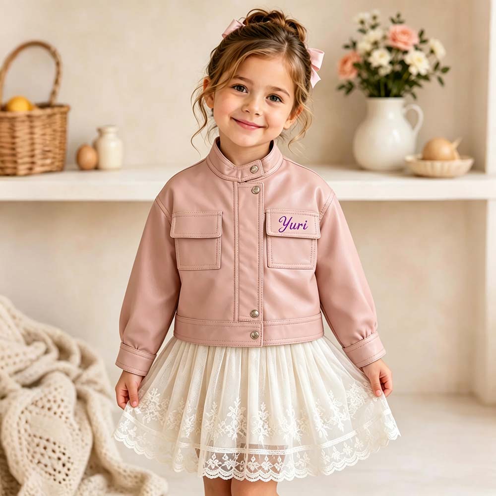 Personalized Embroidered Long-Sleeved Leather Jacket For Girls | CWBaby541