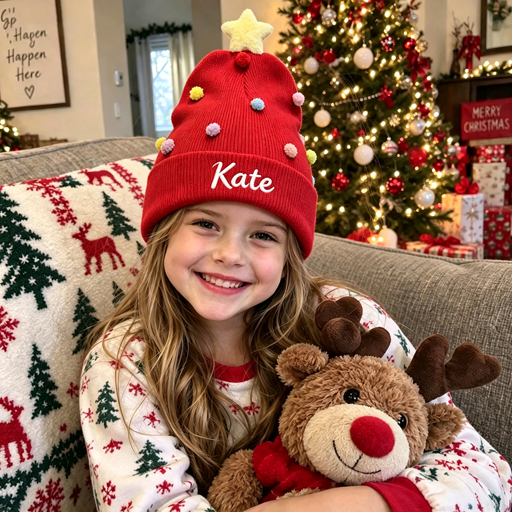 Personalized Embroidery Christmas Pom Pom Beanie For Kids | MCGift416