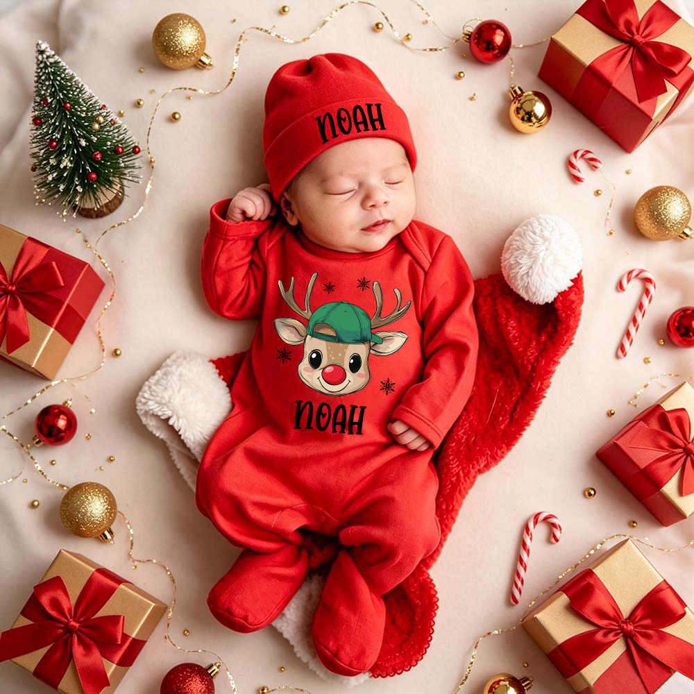 Personalized Baby Christmas Reindeer Romper & Hat Set | MCGift421