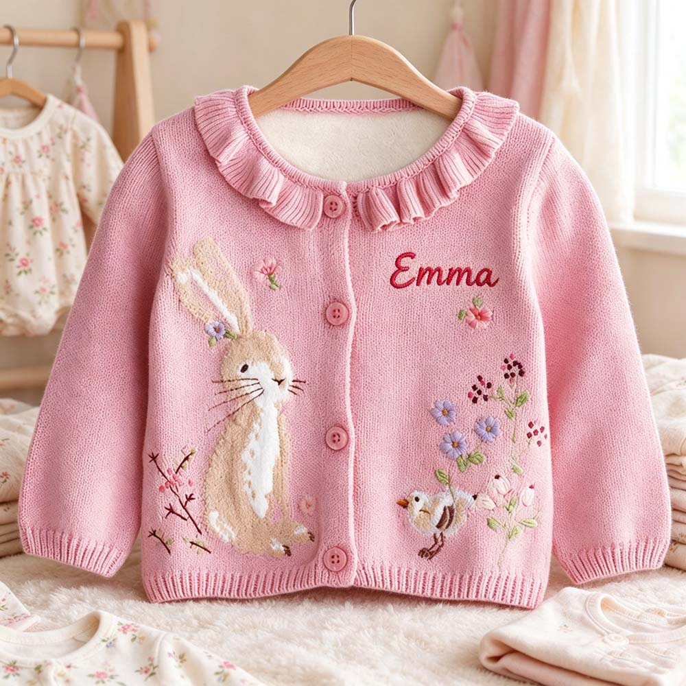 Personalized Embroidered Adorable Rabbit Knit Cardigan For Kids | CWBaby545