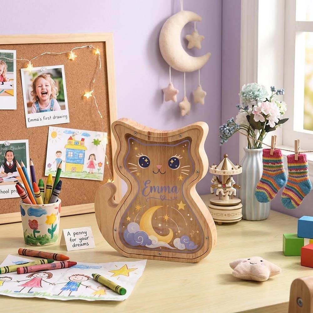 Personalized Wooden Cute Kitty Piggy Bank for Kids | MCGift432