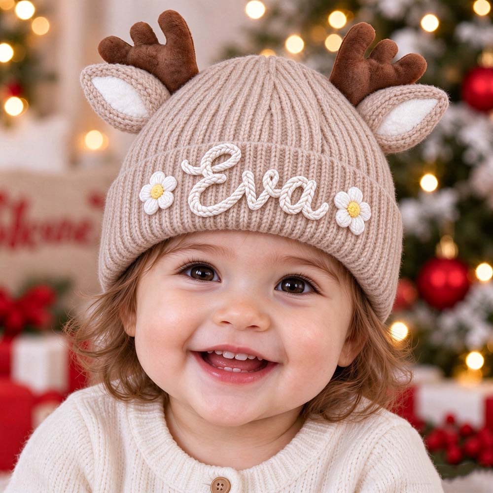 Personalized Hand Embroidery Christmas Reindeer Beanie For Toddler Kids | MCGift430