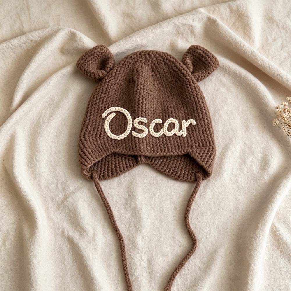 Personalized Hand Embroidered Bear Ears Baby Knit Beanie Hat | CWBaby563