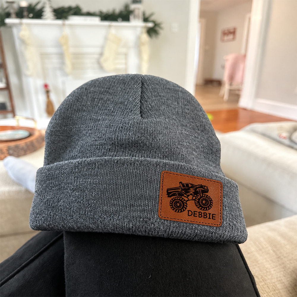 Personalized Kids Dinosaur & Excavator Leather Patch Beanie Hat | HSKid100