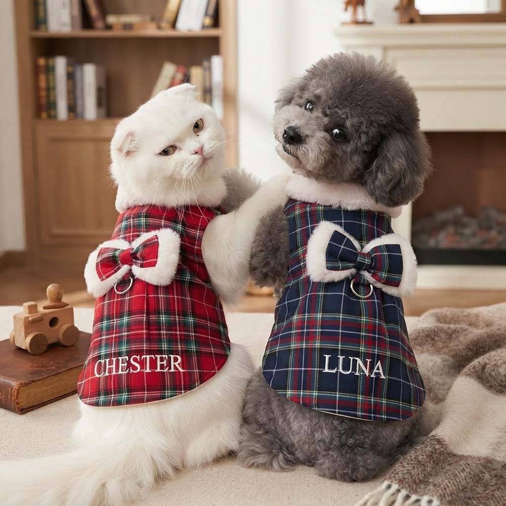 Personalized Embroidered Christmas Pet Plaid Dress | MCGift434