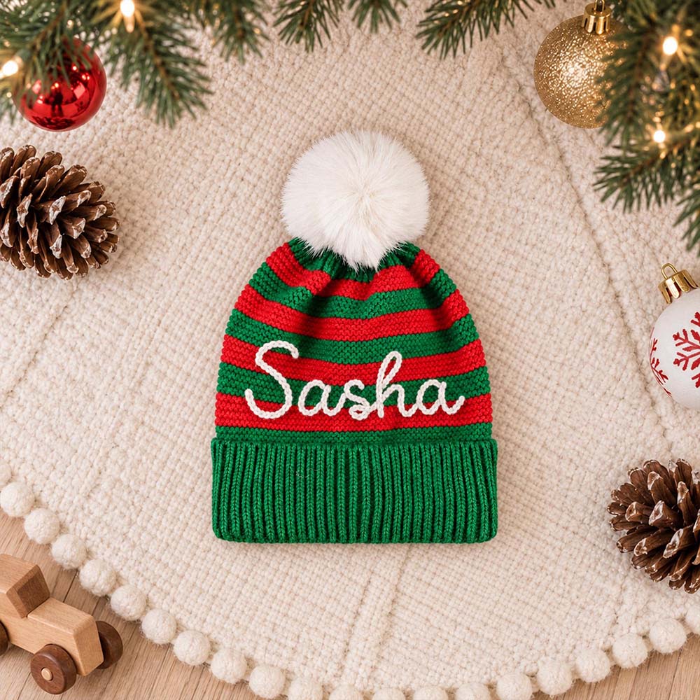 Personalized Hand Embroidery Kids Stripe Pom Pom Beanie Hat | MCGift441