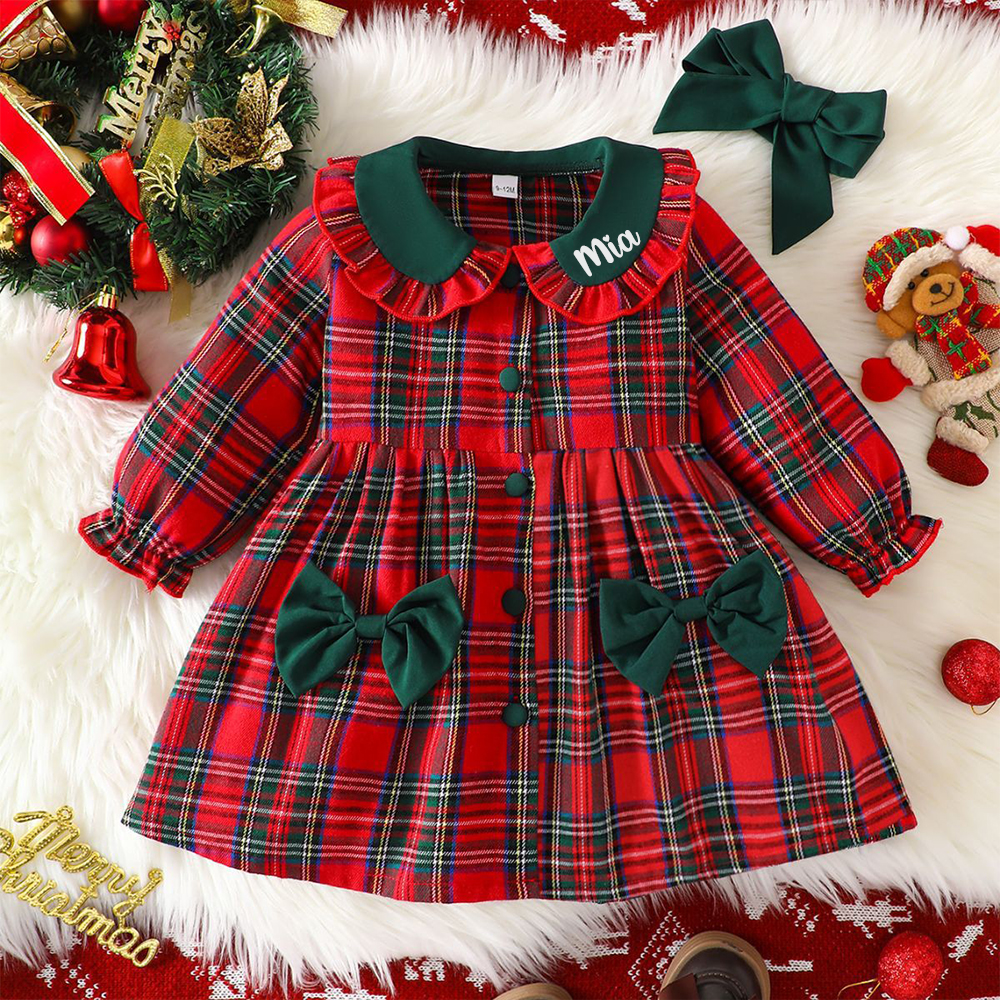 Personalized Baby Girl Christmas Plaid Dress Set | MCGift445