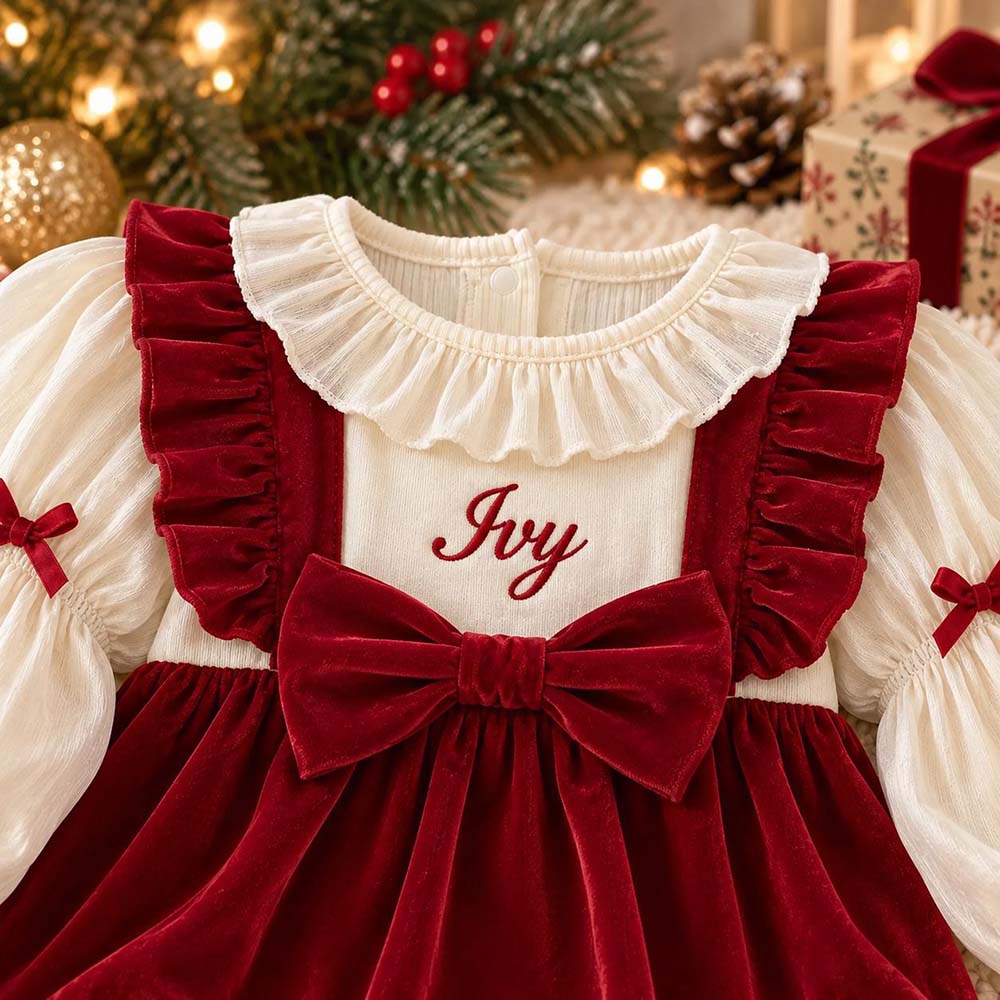Personalized Embroidered Baby Burgundy Velvet Christmas Romper | CWBaby565