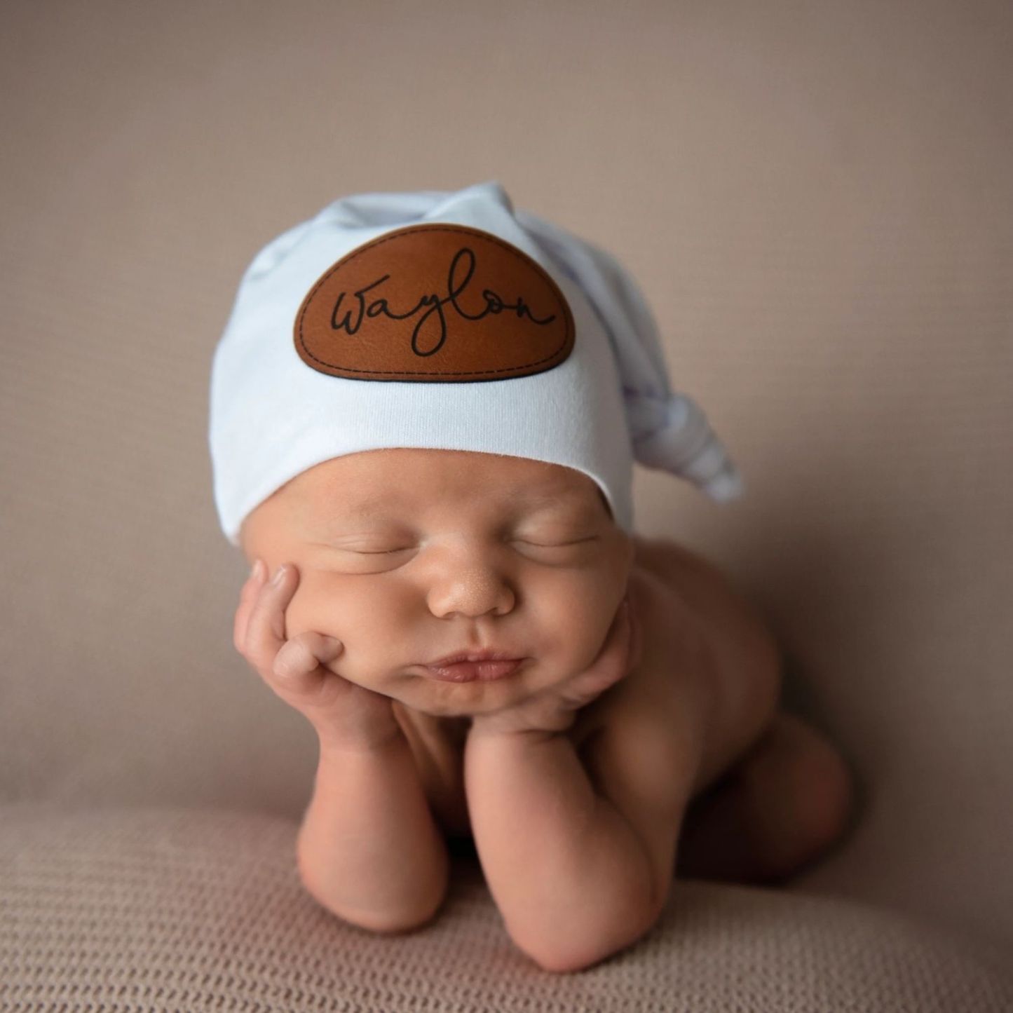 Personalized Newborn Baby Leather Patch Knot Hat | CWBaby76