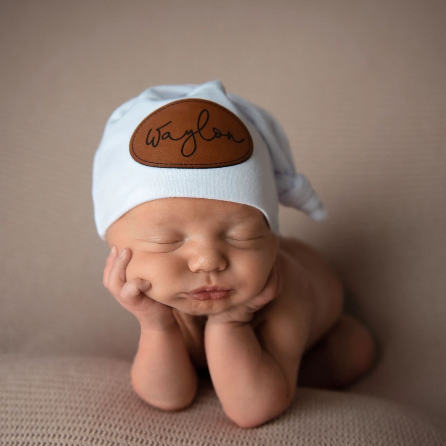 Personalized Newborn Baby Leather Patch Knot Hat | CWBaby76