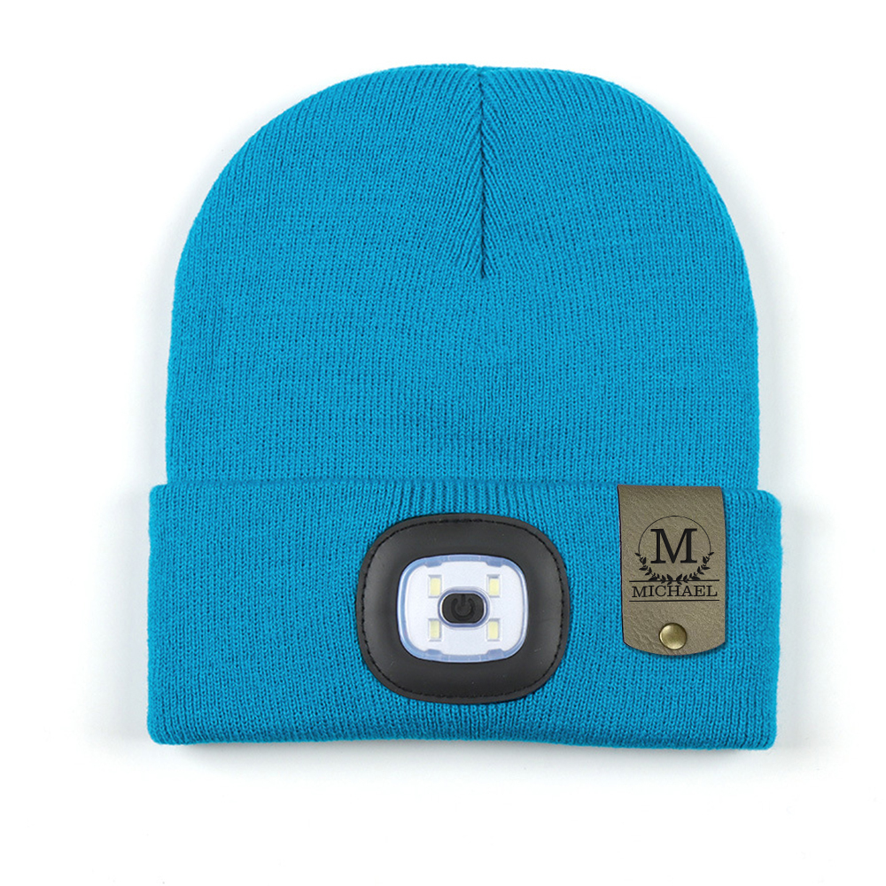 Personalized Kids Leather Tag Beanie with Headlamp | HSKid32