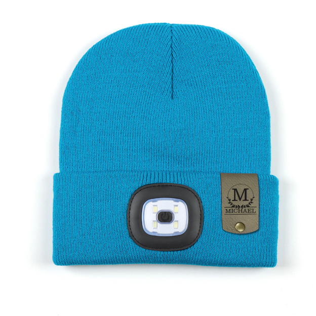 Personalized Kids Leather Tag Beanie with Headlamp | HSKid32