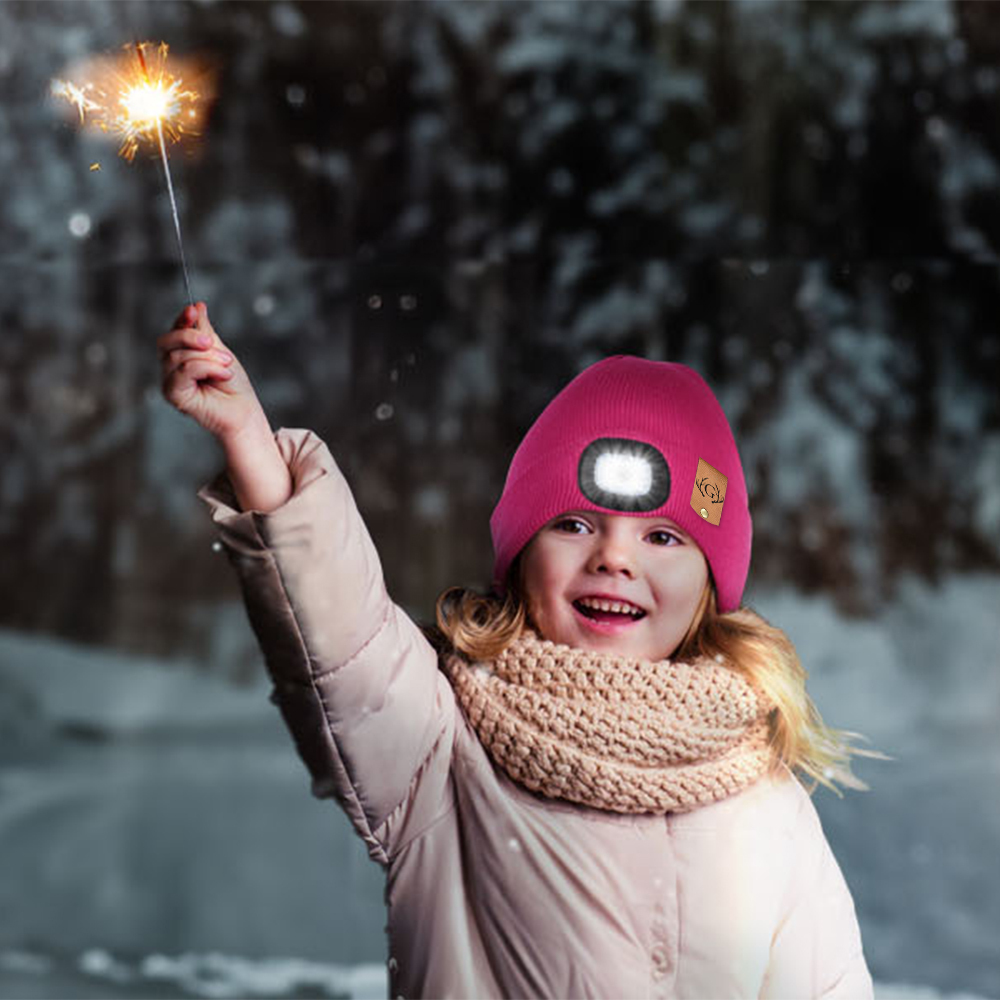 Personalized Kids Leather Tag Beanie with Headlamp | HSKid32