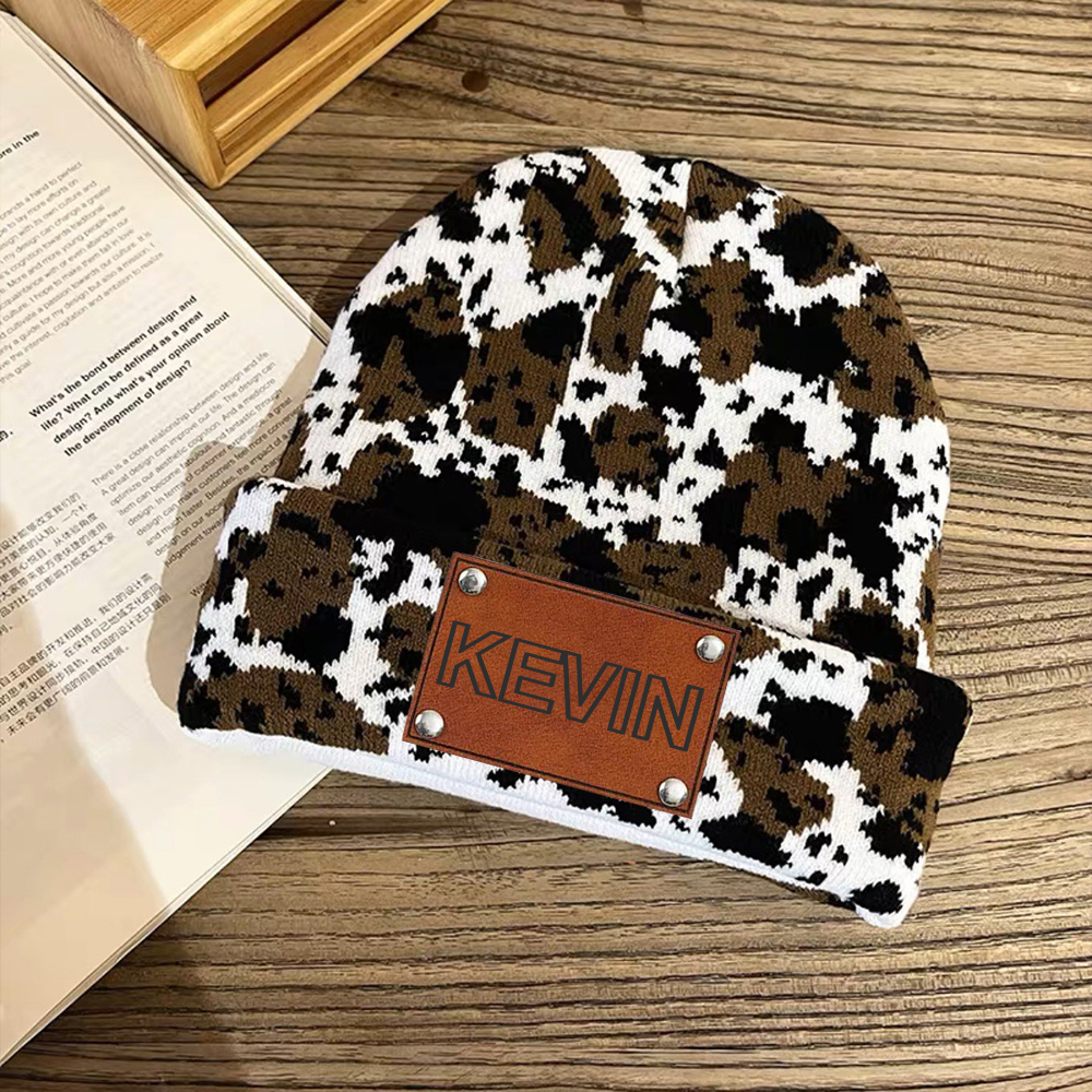 Personalized Leather Patch Cute Cow Warm Beanie | HSKid42