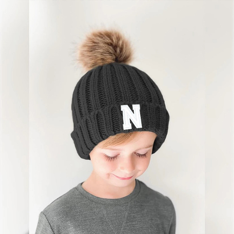 Personalized Initial Patch Pom Pom Beanie Hat | HSKid45