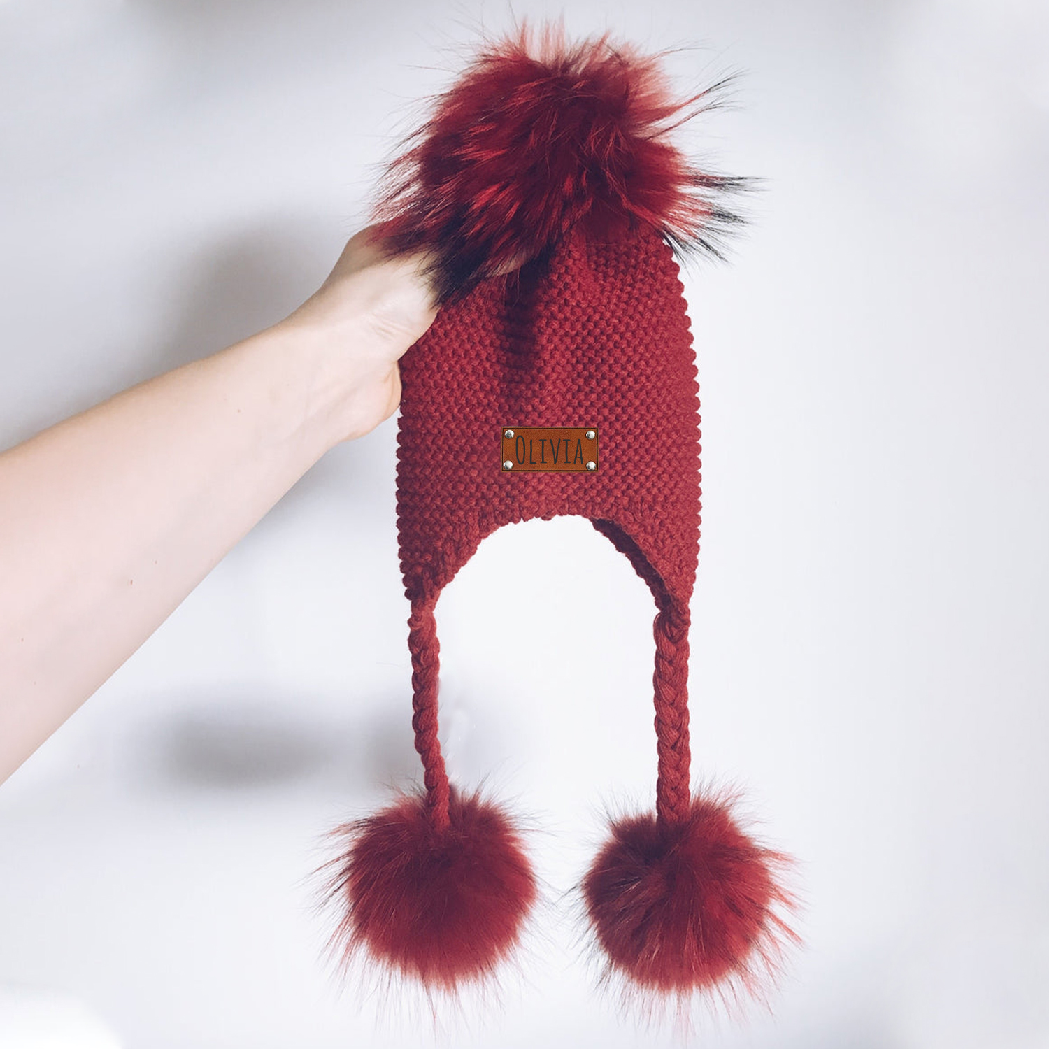 Personalized Leather Patch  Pom Pom Knit Hat With Tassels | HSKid46