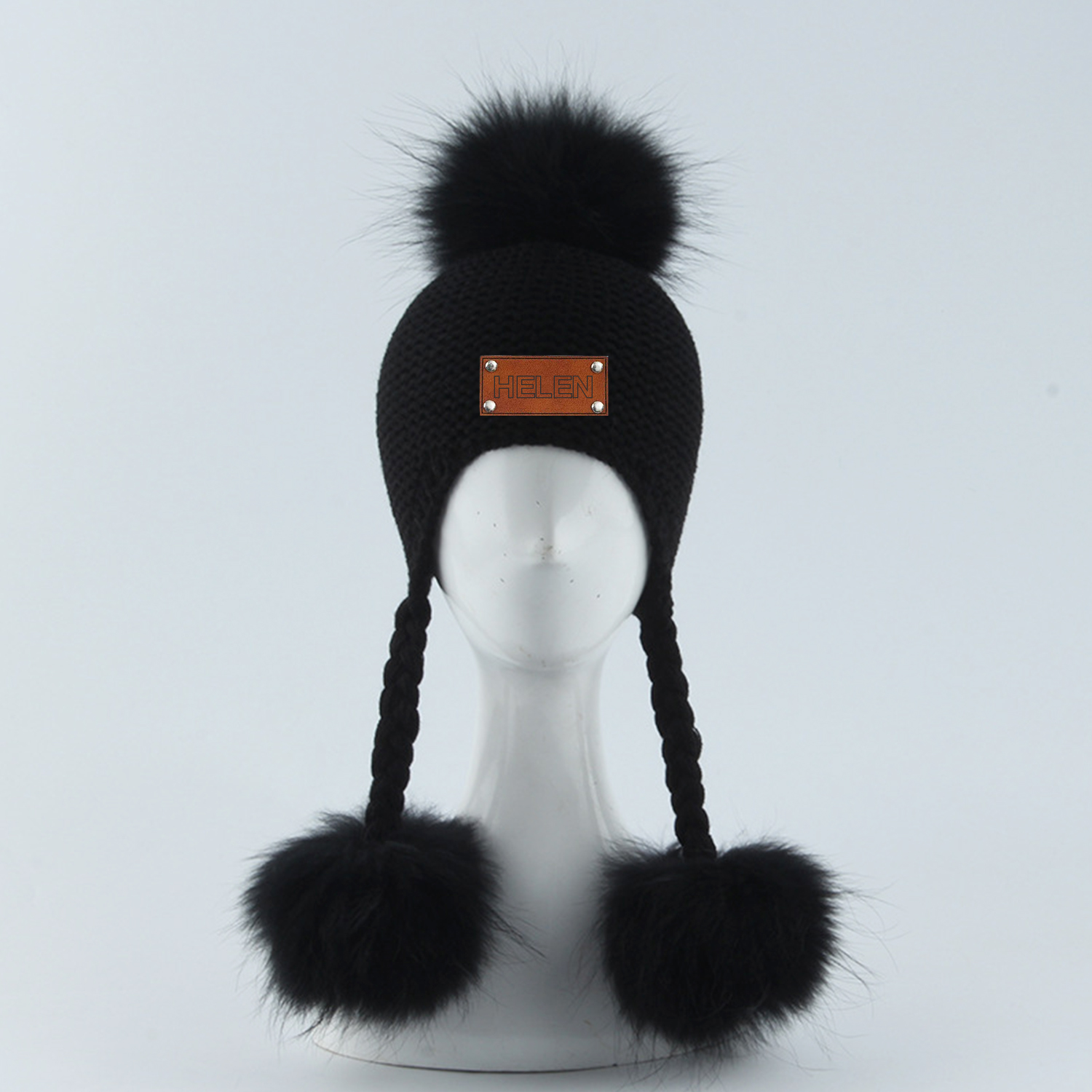 Personalized Leather Patch  Pom Pom Knit Hat With Tassels | HSKid46