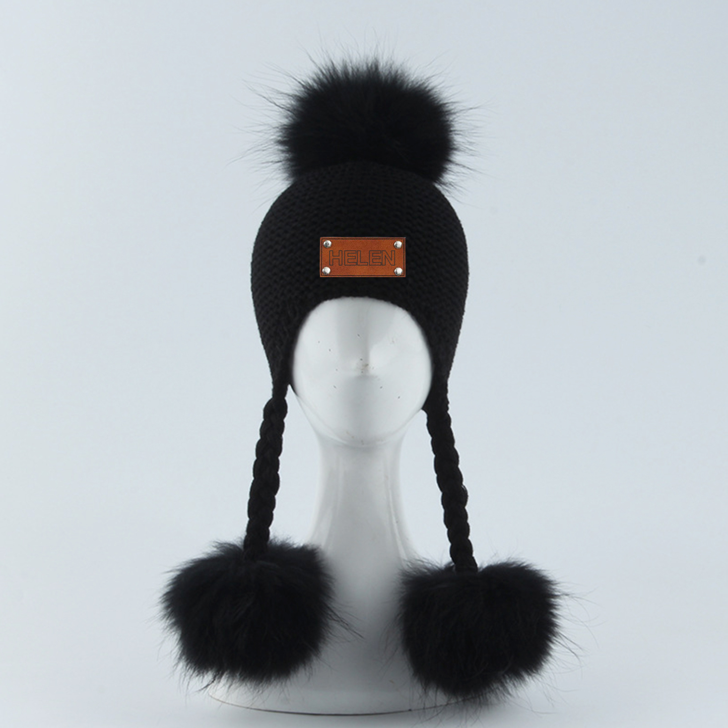 Personalized Leather Patch  Pom Pom Knit Hat With Tassels | HSKid46