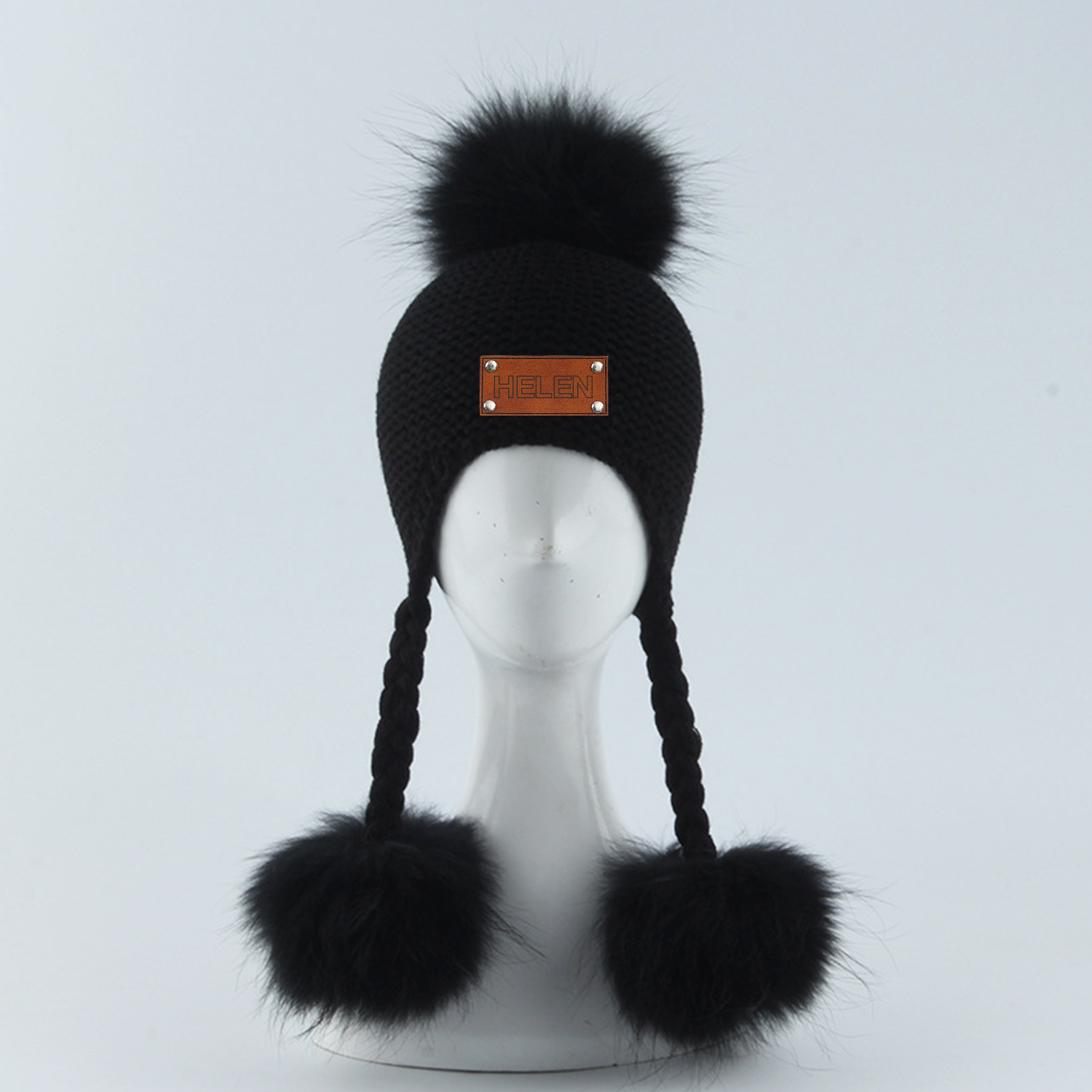 Personalized Leather Patch  Pom Pom Knit Hat With Tassels | HSKid46