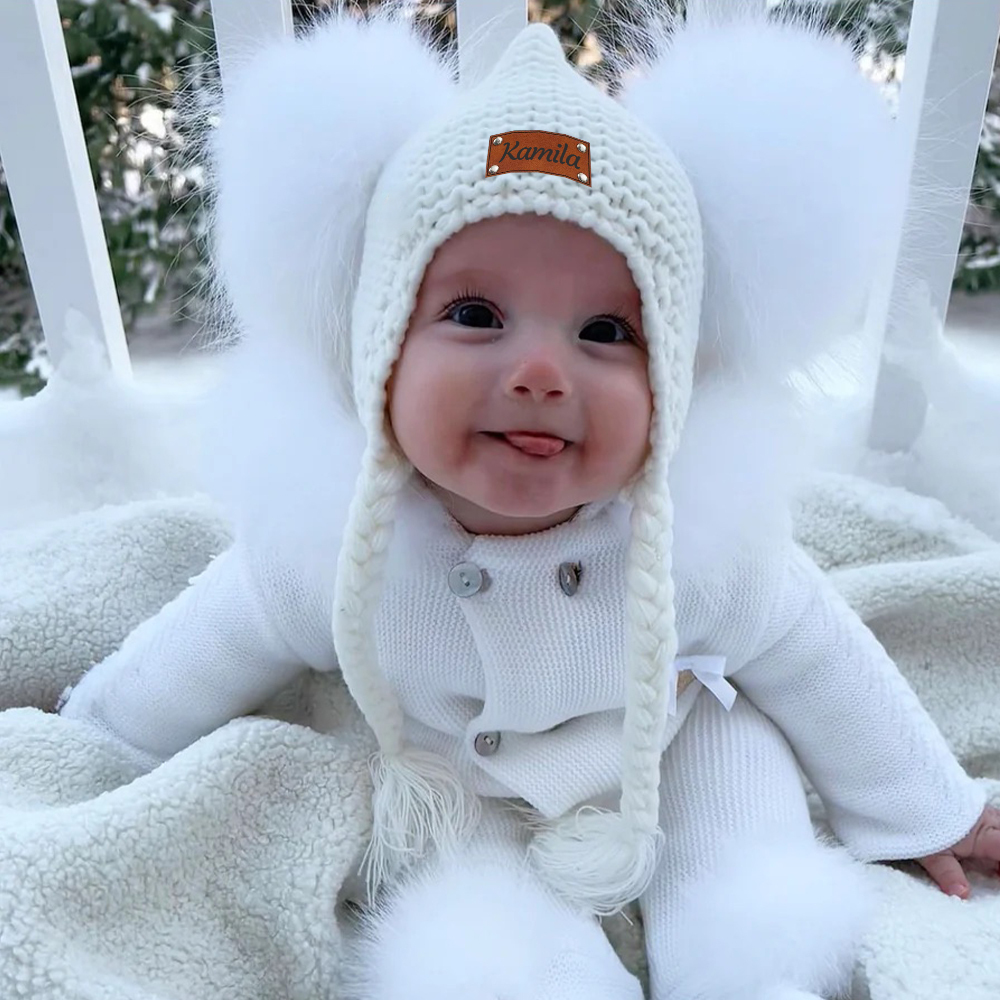 Personalized Leather Patch Pom Pom Knit Hat With Tassels | HSKid47