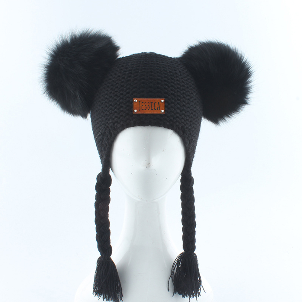 Personalized Leather Patch Pom Pom Knit Hat With Tassels | HSKid47