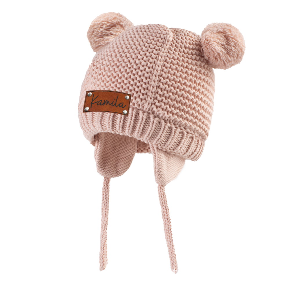 Personalized Leather Patch Pom Pom Knit Hat With Tassels | HSKid50
